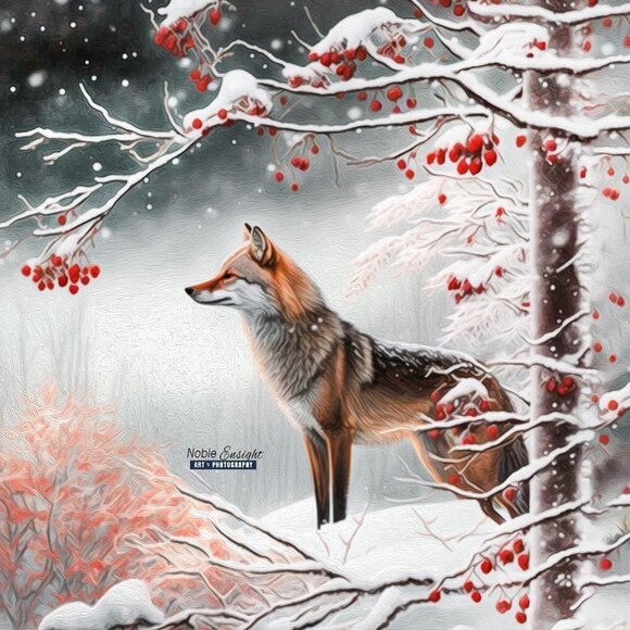 Fox Winter Landscape Snow Covered Trees‎ Watercolor Oil Painting Art Print - Picture 4 of 10